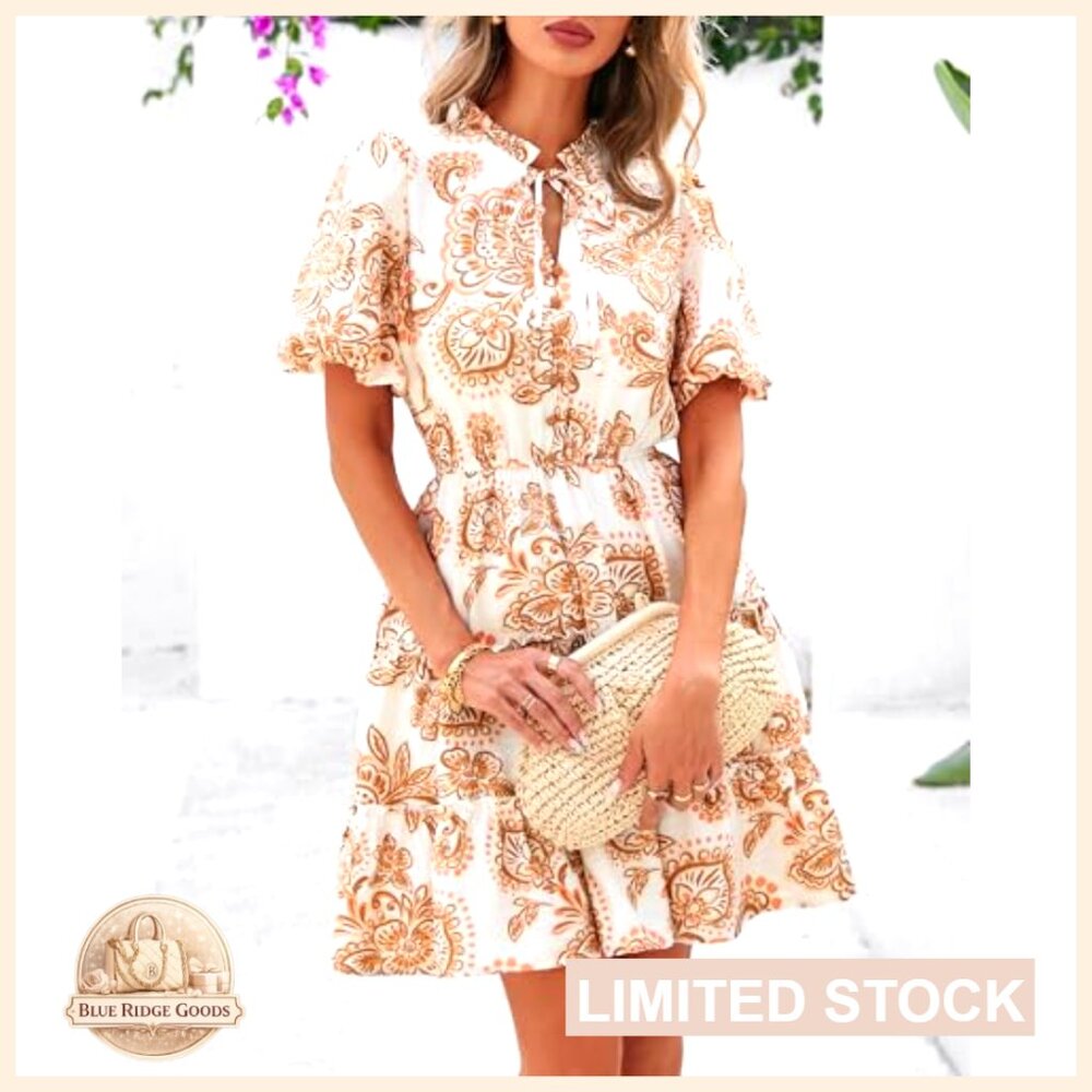Boho Floral Mini Dress Tiered Ruffle V Neck Short Sleeve A Line Summer - Picture 4 of 7
